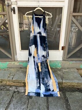 Waverly Grey Abstract Brushstroke Maxi Dress in Navy, Light Blue & Mustard